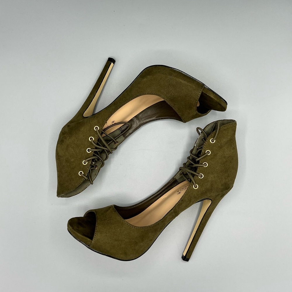 Olive Green Peep Toe Heel with Lace-up